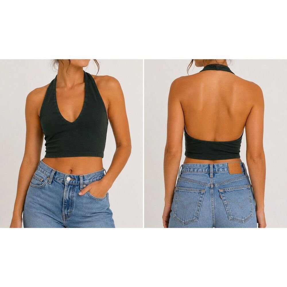 Brandy Melville Dark Green Halter Crop Top One Size Y2K Basic Cotton
